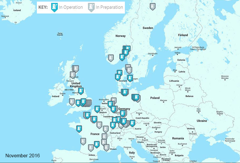 Hydrogen stations map in Europe - November 2016